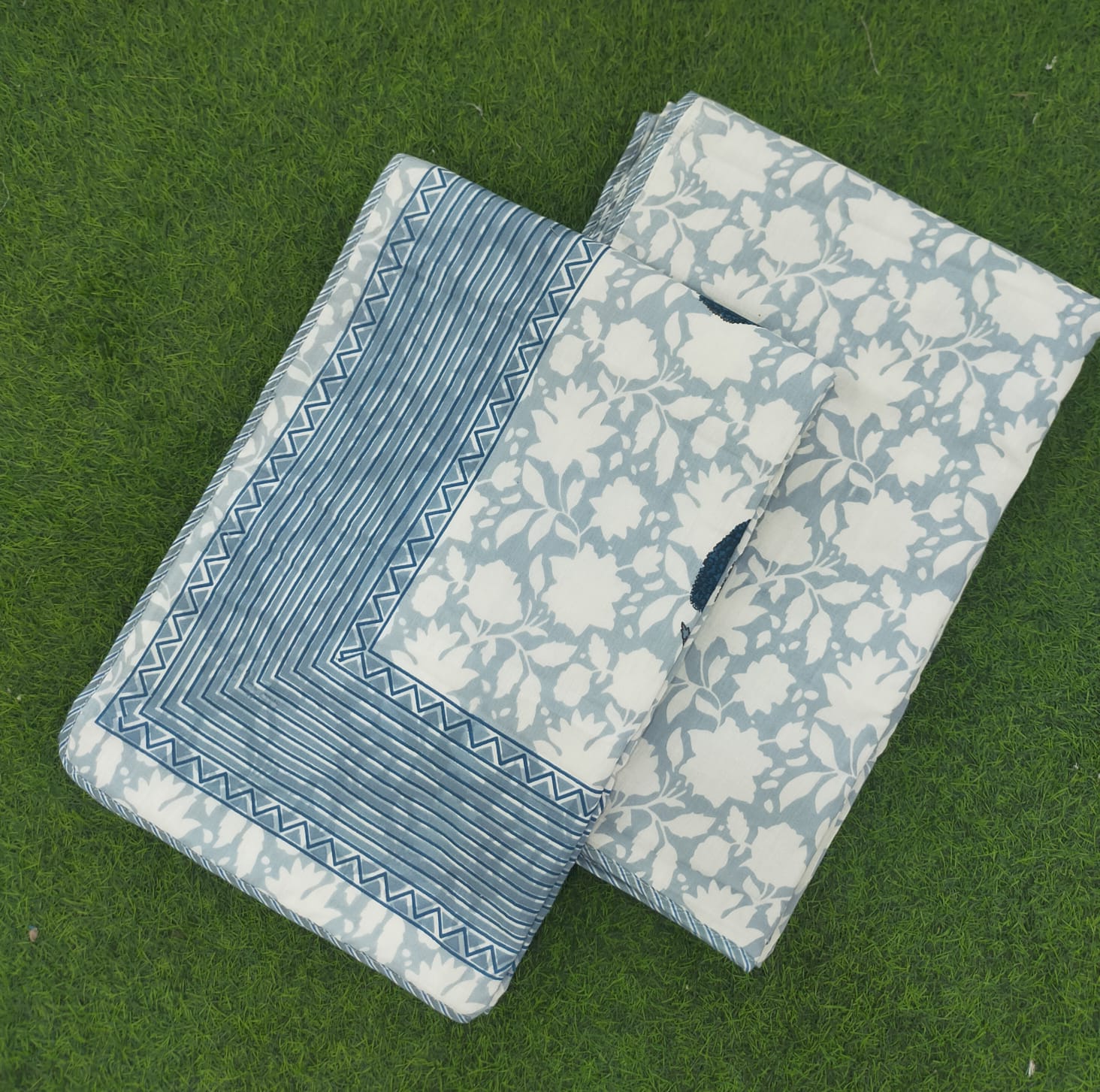All Season Jaipuri Blanket | 100% Cotton | Block Print | Single Bed  – Blue Floral Buta (63X90 Inches)